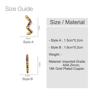 18K gold plated zircon ear cuff earrings with colorful stones and sizing chart details