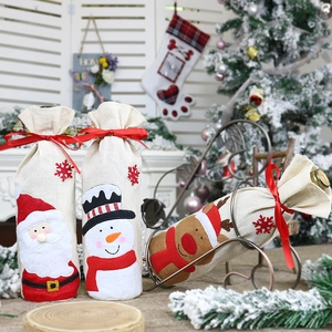 Christmas Wine Bottle Cover Linen Burlap Holiday Gift Bag With Drawstring Santa Snowman Reindeer Pattern Festive Decor