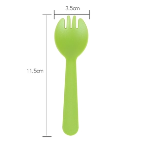 Green disposable plastic dessert fork with 11.5cm length and rounded ergonomic design