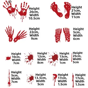 Detailed size specifications for Halloween blood handprint and footprint wall stickers