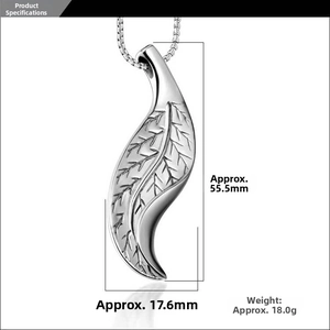 Macro shot showing dimensions of silver leaf pendant necklace with fine vein textures
