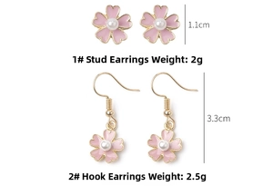 Pink enamel flower earrings with pearl centers including stud and hook styles