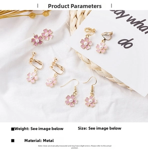 Detail of pink cherry blossom earrings with pearls in stud, clip-on, and hook styles