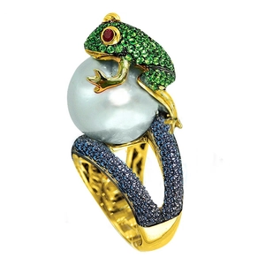 Frog Artificial Pearl Ring Copper Gold Plated Zircon Pave Animal Shape Fashion Unique Hand Jewelry Accessory Women Gift