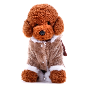 Detail of soft coral fleece pet puppy deer costume with plush white hood trim