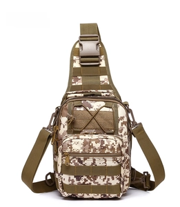 Front view of desert digital camouflage tactical chest bag with MOLLE webbing and buckles