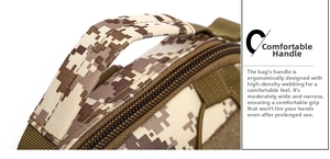 Reinforced tactical handle detail on high-density digital desert camo outdoor pack