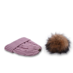 Winter knit baby beanie with cute pompom, warm cable stitch purple hat for kids