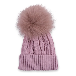 Pink cable-knit winter hat for children with large fluffy pom-pom and ribbed cuff