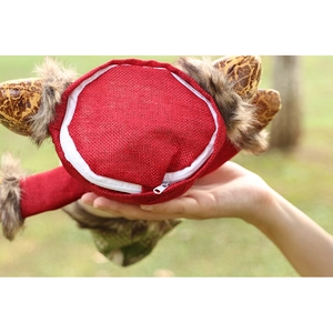 Christmas burlap drawstring gift bag with red fabric, faux fur trim, and round zipper base