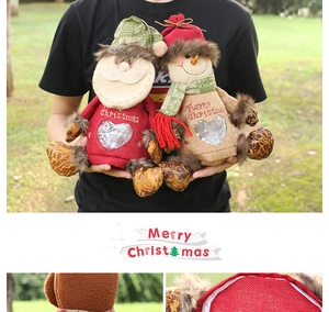 Detail of burlap Christmas gift bags with Santa and Snowman designs and Merry Christmas text