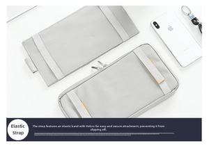 Car sun visor organizer in light gray PU leather with elastic straps and velcro detail