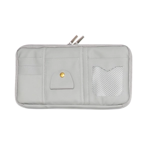 Gray PU leather car sun visor organizer with multiple pockets and zipper closure