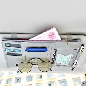 Grey PU leather car sun visor organizer with card slots, zipper pocket and glasses clip