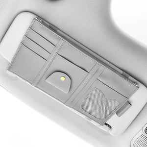 Grey PU leather car sun visor organizer with mesh pocket, card slots and zipper pocket