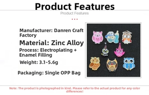 Detailed parameter sheet of owl enamel pins featuring zinc alloy and colorful drip oil craft