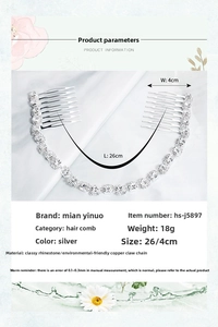 Detail view of silver bridal hair comb with crystal chain, size 26cm x 4cm and weight 18g