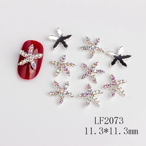 Silver starfish nail art charms with iridescent rhinestones and 11.3mm size details