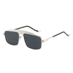 Modern silver metal double bridge sunglasses with dark gray square lenses and sleek frame