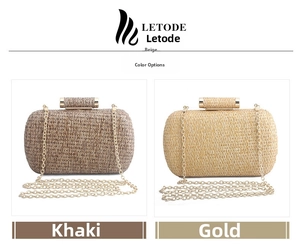 Detail view of woven clutch bags in khaki and gold with detachable metal chains