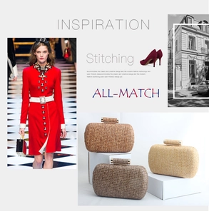 Close-up of woven straw evening clutch bags in three colors with gold cylinder clasps