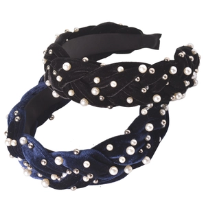 Braided velvet headbands in black and navy blue with white pearls and silver studs