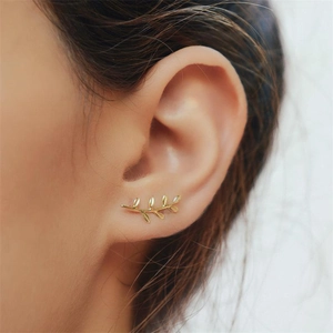 Minimalist S925 sterling silver gold leaf crawler earrings worn on ear for women