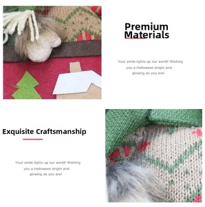 Detailed view of handcrafted knit fabric and faux fur ornaments with holiday patterns