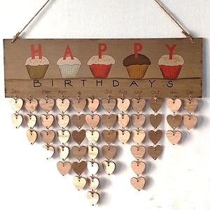 Hanging wooden birthday reminder calendar with heart charms and cupcakes for home decoration