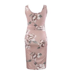 Detail of pink floral maternity dress with side ruching and sleeveless U-neck design