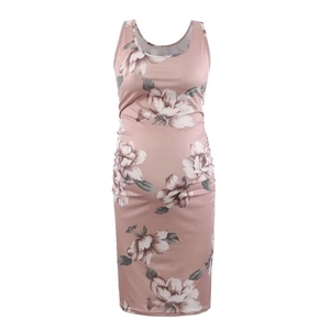 Close-up of pink floral sleeveless maternity dress with round neck and pleated waist detail