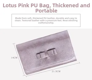 Pink PU makeup brush storage bag with bow detail, dimensions 21.5cm x 14cm