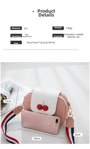 Pink and white crossbody bag with cherry buckle showing 18x6x13cm size specifications