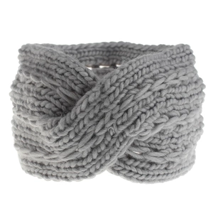 Detail of grey chunky knit twist knot headband for winter warmth and ear protection