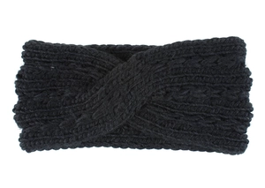 Close-up of black chunky knit headband featuring a central twist knot design for winter