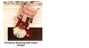 Detail of burlap Christmas stocking featuring 3D Santa Claus and Merry Christmas text