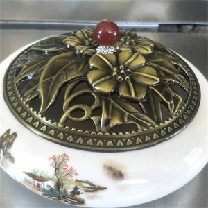 Ceramic incense burner with traditional landscape painting and bronze hollow floral metal lid