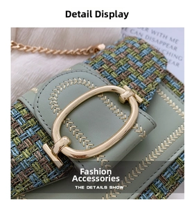 Detailed close-up of mint green faux leather and tweed mini crossbody bag with gold buckle