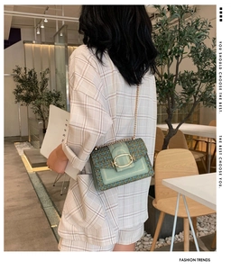 Model posing with a light green tweed crossbody bag featuring a gold chain strap