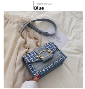 Detail of blue and white tweed crossbody bag with gold buckle and chain leather strap