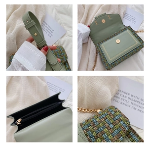 Detailed views of a green tweed and leather mini bag with golden chain and wide strap