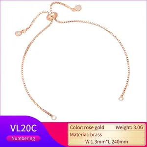 Detail of rose gold brass slider bracelet chain with adjustable silicone bead and dimensions