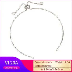 Adjustable silver-tone brass box chain bracelet with sliding beads and round zirconia gems