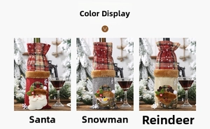 Three Christmas wine bottle bags with Santa, Snowman and Reindeer in plaid burlap style