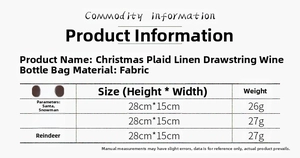 Detailed size specification chart for Christmas burlap wine bottle bags with character icons