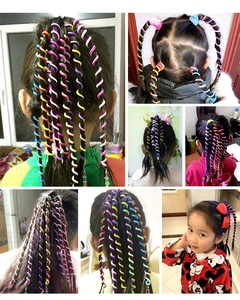 Collage of colorful spiral hair braiding tools showing various DIY styles on girls