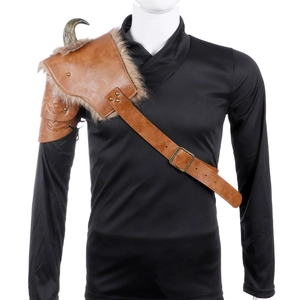 Brown medieval Viking PU leather shoulder armor with faux fur trim and metal buckle