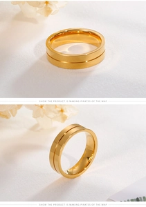 Vues détaillées d'une bague minimaliste en titane plaqué or avec rainure centrale élégante