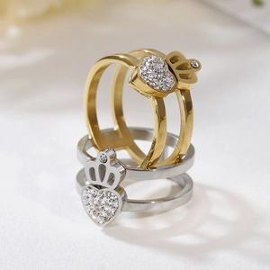 Dual layer heart crown rings set in gold and silver finish with zircon stones