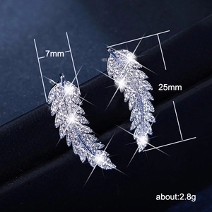 Elegant silver leaf stud earrings with micro-pave cubic zirconia and size dimensions